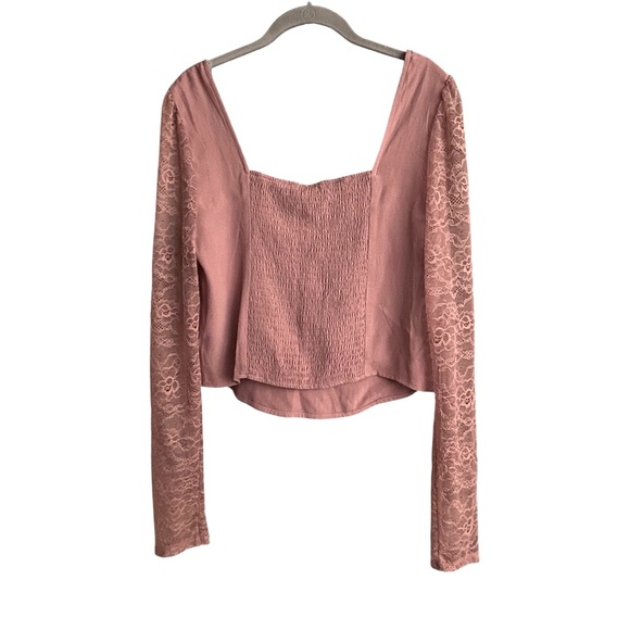 5/$25 NWT Wild Fable Cropped Boho Lace Sleeve Shirt Square Neck Large Pink - Picture 4 of 5